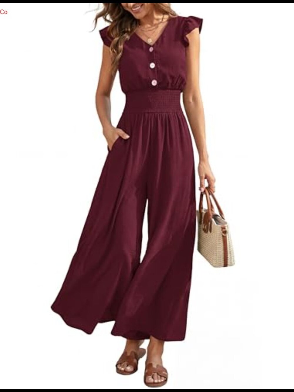 Women's Smocked Wide Leg Jumpsuit Ruffle Cap Sleeve V Neck Button Romper